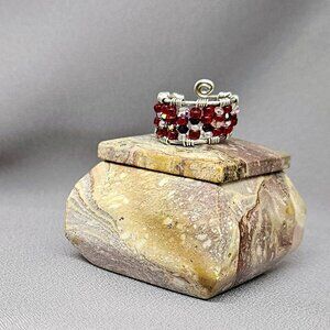 Handmade Ring of Red & Black Beads & Swarovski Crystals w/ SS Wire, Size 4.5